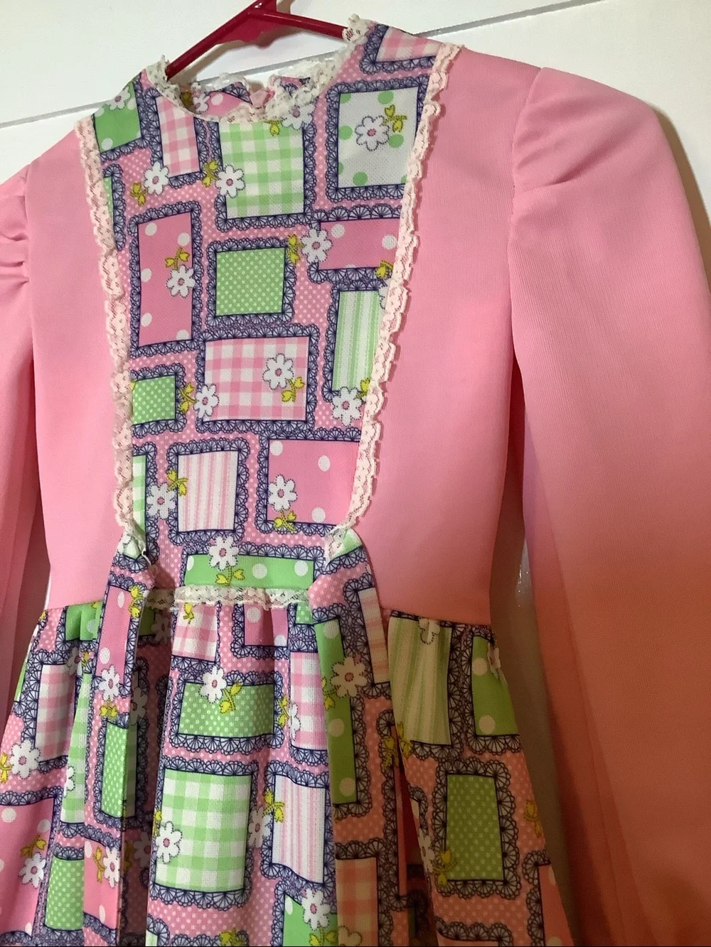 70’s VTG Prairie Girl Dress Brady Bunch Party Inverted Lace Trim Bib